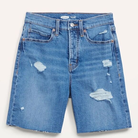 Old Navy Extra High Waisted Straight Button Fly Cut-Off Ripped Jean Shorts - Picture 3 of 10